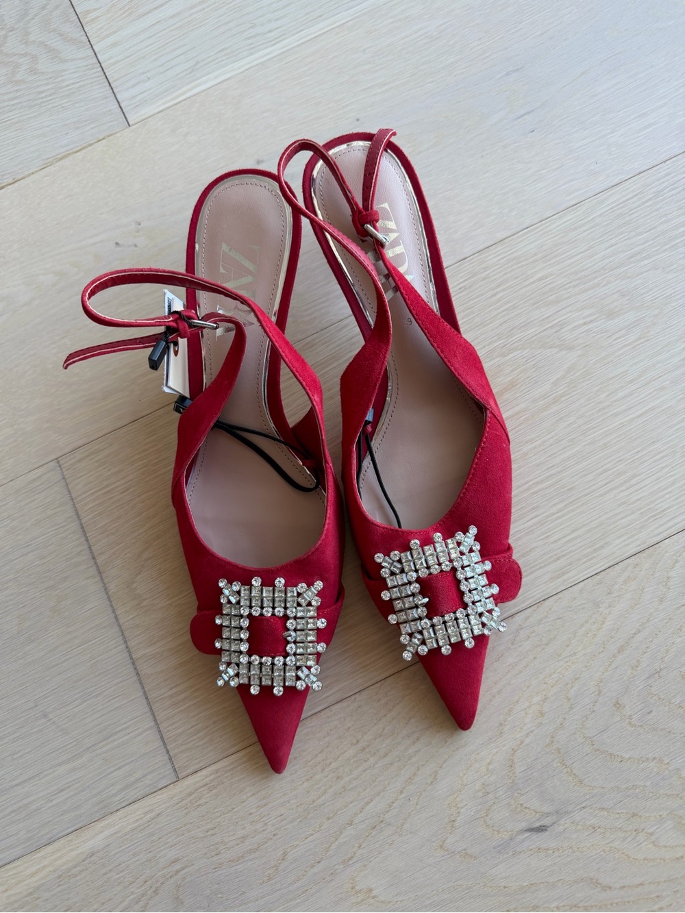 Zara Red Pointed Toe Slingback Heels with Rhinestone Buckles
